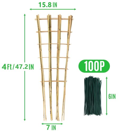 SWANGSA 6 Pack 4Ft Bamboo Trellis for Climbing Plants, Fan-Shaped Garden Ladder Trellis with 100pcs Twist Ties for Outdoor and Indoor Plant Support, Potted Plants, Cucumber, Tomato, Vine - size: 4ft