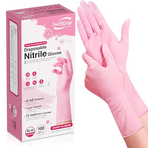 SwiftGrip Disposable Nitrile Dishwashing Gloves, Extended 12 Inches Cuff, 6-mil, Cherry Blossom Cleaning Gloves, Latex-Free - size: Small
