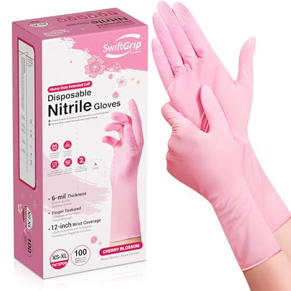 SwiftGrip Disposable Nitrile Dishwashing Gloves, Extended 12 Inches Cuff, 6-mil, Cherry Blossom Cleaning Gloves, Latex-Free - size: Small