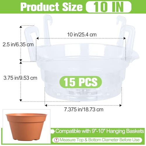 Miuwauer 15 Pack of 10-inch Hanging Basket Water Catcher Plastic Hanging Plant Drip Pan Tray Plastic Saucers Liners for Indoor Outdoor Hanging Plants Baskets Flower Pots - Clear, Round - size: 10 inch
