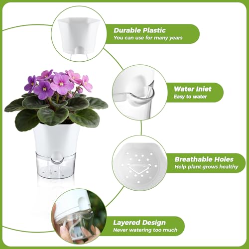6-Pack 6" Clear Self Watering Pots for Indoor Plants Large Hexagon Self-Watering Planters Orchid Pots Plastic Wick Flower Plant Pots for African Violet, Spider, Herbs, Home Decor, White and Clear - size: 6"