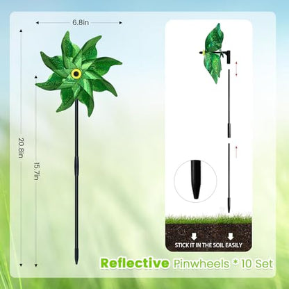 10 PCS Reflective Pinwheels for Yard and Garden Bird Devices Pre-Installed Sparkly Wind Spinner Deterrent to Scare Birds Away from Yard Patio Farm (Green) - color: Green
