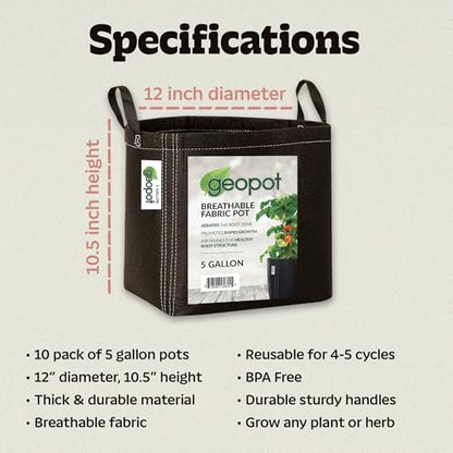 GeoPot 5 Gallon Fabric Grow Bags with Handles - 10-Pack - Breathable, Aerated, Portable - Black - Ideal for Vegetables, Herbs, Flowers & Houseplants - Indoors & Outdoors - size: 5 Gallon (10-Pack), style: With Handles