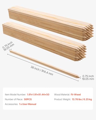 VEVOR Wooden Garden Stakes, 50 Pcs 36x0.75x0.75 in Survey Grading Stakes, Garden Ground Stake with Sharp Point, Fir Wood Plant Support Stake, Sign Posts for Silt Fence Backyard Boundaries Baselines - style: 0.75 x 0.75 x 36in+50pcs