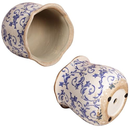 Retro Distressed Ceramic Pots, Antique Crackle Glaze Planters w/ Drainage - color: Blue Swirls