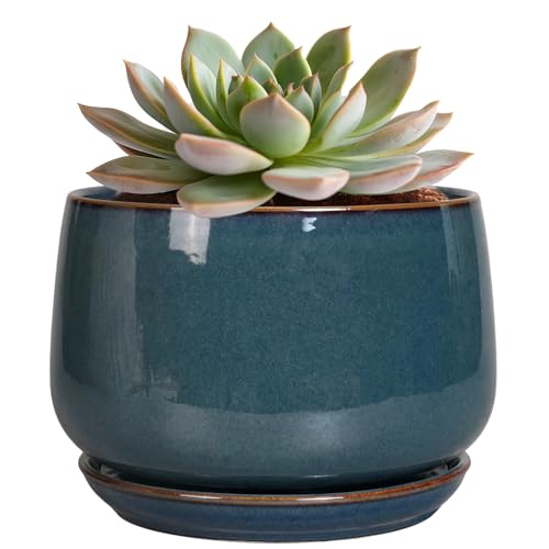 G EPGardening Ceramic Planter 6 Inch - Round Modern Ceramic Pot for Plants with Drainage and Plant Tray Indoor for Flower, Apartment Decor, Housewarming Gifts New Home, Retro Blue - color: Retro Blue, size: 5 Inch