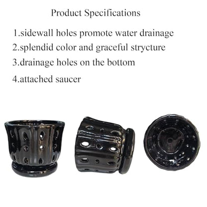 Ceramic Orchid Pot With Attached Saucer and Drainage Hole 6'' (Black) - color: Black