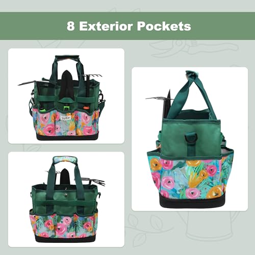 Hard Bottom Floral Garden Tool Tote Bag with Shoulder Strap - color: Green Floral