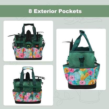 Hard Bottom Floral Garden Tool Tote Bag with Shoulder Strap - color: Green Floral