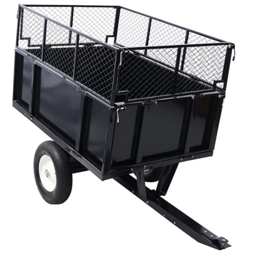 ATV Trailer Steel Dump Cart, Heavy Duty Mesh Steel Garden Cart with Removable Sides and 10 Inch Flat Free Tires, Utility Trailer Yard Garden Trailer for Tractors, ATV, UTV, Lawn Mowers