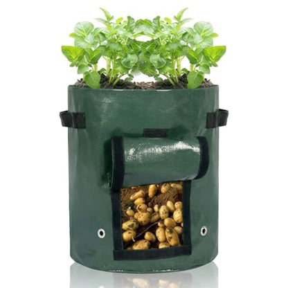 7 Gallon Potato Grow Bags with Harvest Flap and Handles, Durable PE Fabric Planter Pots for Tomato Onion Carrot Fruits Herbs, Outdoor Garden Containers, Green