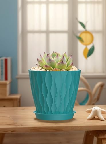 Set of 6 Plant Pots 4 inch Pots, Plastic Planters with Drainage Holes and Saucers,Plastic Flower Pots,Nursery Planting Pot for Indoor Out Door Plants（Blue） - color: Blue