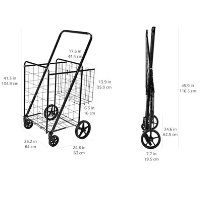 Amazon Basics Foldable Collapsible Shopping Utility Cart with 360-Degree Wheels, Multi-Functional for Sports, Easy Assembly, X-Large, Black