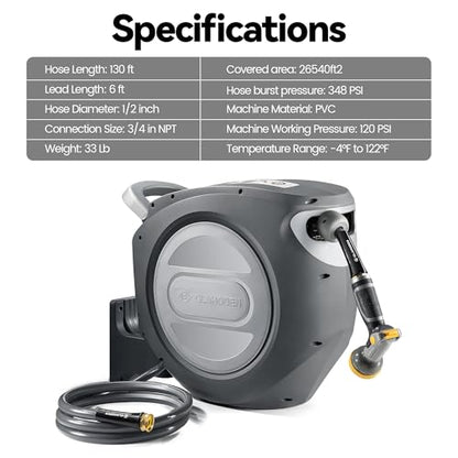 GLAHODEN Retractable Garden Hose Reel 1/2 in x 130 ft Upgraded UV Resistant Heavy Duty Automatic Hose Reel Wall Mount 3/4 in Brass Fitting 9 Pattern Nozzle Any Length Lock Slow Retraction - size: 1/2" 130FT