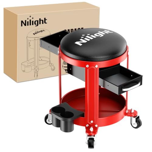 Nilight Rolling Mechanic Stool 300LBS Red Garage Seat with Dual Drawers - color: Black Red 300lbs