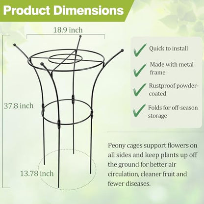 1 Pack Large Peony Cages and Supports, 38" H x 19" D Tall Heavy Duty 5mm Black Metal Garden Stakes for Outdoor & Indoor Plants, Sturdy Rust-Resistant Frame for Peonies Roses Flowers - size: 1 Pack