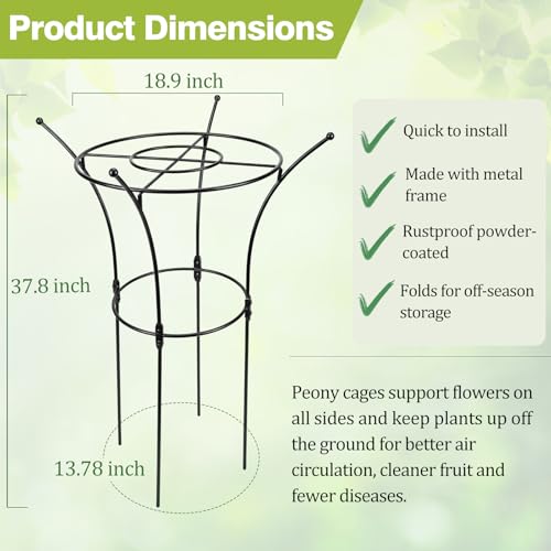 1 Pack Large Peony Cages and Supports, 38" H x 19" D Tall Heavy Duty 5mm Black Metal Garden Stakes for Outdoor & Indoor Plants, Sturdy Rust-Resistant Frame for Peonies Roses Flowers - size: 1 Pack