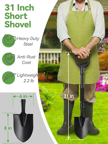 Shovel, Garden Shovels for Digging Gardening Heavy Duty, 31 inch Small Short Metal Shovel with D-Handle, Sharp Round Point Blade, Comfort Grip, Camping, Off Road, Soil, Kids Sand Beach Mini Spade Tool - color: Black