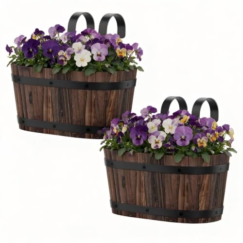 2-Pack Hanging Flower Pots with Drainage Holes, Wooden Railing Planters - color: Carbonized-2pcs, size: Small