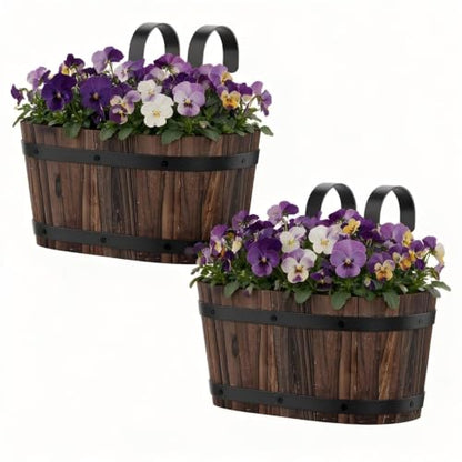 2-Pack Hanging Flower Pots with Drainage Holes, Wooden Railing Planters - color: Carbonized-2pcs, size: Small