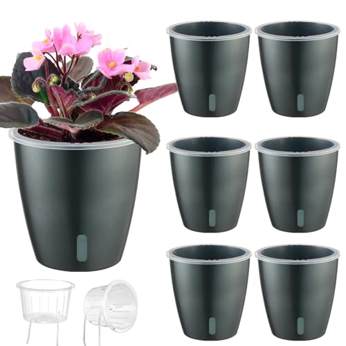 Self Watering Pots for Indoor Plants, 6-Pack 5'' Self Watering Planter with Drainage Holes, Small African Violet Pots with Water Indicator, Clear Wick Orchid Pot, Grey - color: Grey/6 Pack, size: 5"