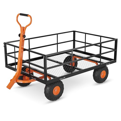 ACEKOOL Heavy Duty Steel Garden Cart, 1200Lbs Capacity Garden Cart Utility Wagon with 10" All-Terrain Wheels, Removable Sides & 180° Rotating Handle for Yard, Lawn, Farm and Warehouse Outdoor Use - size: 1200 LBS Black Orange