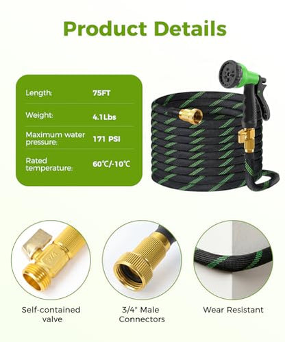 75ft Garden Hose，Non-Expandable Water Hose with 8 Function Spray Nozzle, Burst-Resistant，Kink-Free，Lightweight，Durable & Flexible 3/4" Garden Hose for Gardening, Yard，Lawn, Car Washing - size: 75ft-1