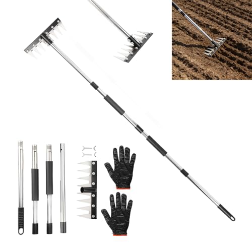 Weed Puller Tool with Long Handle, 3-in-1 Weeding Rake and Weed Remover Tool for Yard, Gardening Long Handle Weeding Tools, Stainless Steel Adjustable Handle, Ergonomic Grip