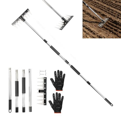 Weed Puller Tool with Long Handle, 3-in-1 Weeding Rake and Weed Remover Tool for Yard, Gardening Long Handle Weeding Tools, Stainless Steel Adjustable Handle, Ergonomic Grip