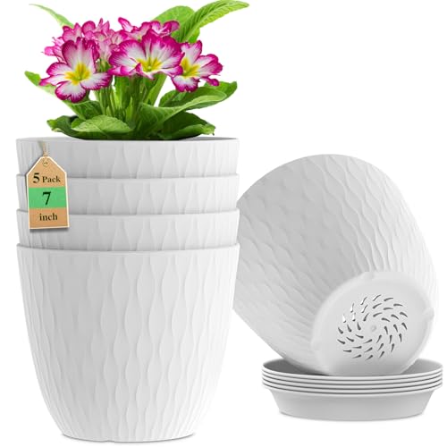 WSMKSZ 7 inch Plant Pots, 5 Pack Flower Pots with Drainage Holes and Saucers for Indoor Plants, Plastic Planters with Water Ripple for Small Garden House Plants, Nursery Pots for Succulent, White - color: White, size: 7inch 5pcs