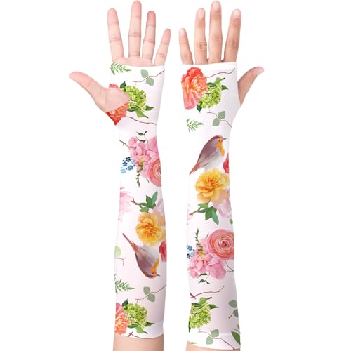 YPHCDO Gardening Sleeves for Women Sun Protection Cooling Arm Sleeves - color: Pink Rose and Bird