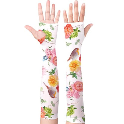 YPHCDO Gardening Sleeves for Women Sun Protection Cooling Arm Sleeves - color: Pink Rose and Bird