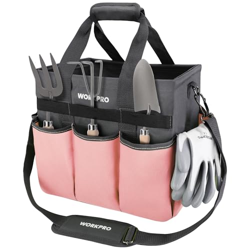 WORKPRO Garden Tool Bag, 10 Pockets and Shoulder Strap, Pink - color: Pink