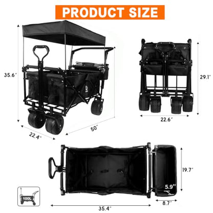 Foldable Wagon with Removable Canopy & Cooler Bag - Heavy Duty Collapsible Wagon Utility Cart with 4" All-Terrain Wheels for Camping, Beach, Garden - color: Black-plus