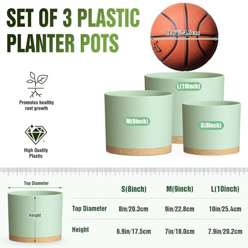 10/9/8 Inch Plant Pots 3 Pack, with Drainage Hole & Saucers - color: Matte Green&brown