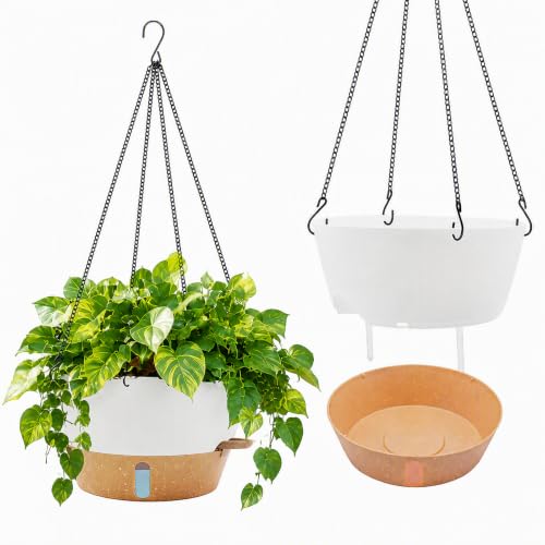 ZMTECH Large 12Inch Self Watering Hanging Planter, Water Window & Chain - color: White