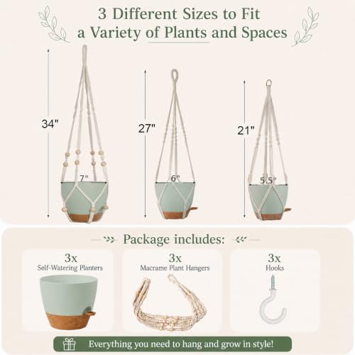 Bouqlife Self Watering Hanging Planters for Indoor Plants 3 Pack Macrame Plant Hangers with Drainage Holes Pots and Hooks for Home Garden Decor Green - color: Self Watering Green, size: Medium