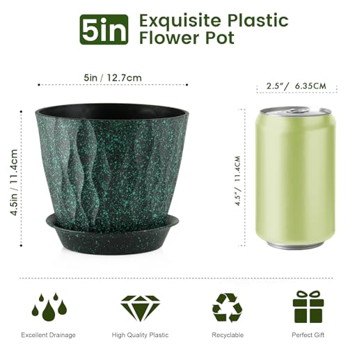 Meowell 5 inch Plant Pots for Indoor Outdoor Plants, 6 Pack Thick Nursery Pots with Drainage Holes and Saucers, 3D Modern Wave Texture Small Plastic Planter Flower Pots, Black with Green Speckles - color: Black With Green Speckles, size: 5 inch 6 pieces