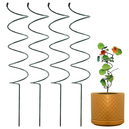 4Pack Spiral Tomato Stakes Plant Trellis ，Indoor Metal Wire Garden Trellis ，Small Climbing Leaf Shape Trellis for Garden Potted Plant - color: green