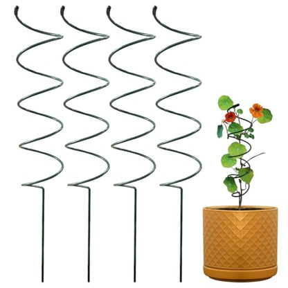4Pack Spiral Tomato Stakes Plant Trellis ，Indoor Metal Wire Garden Trellis ，Small Climbing Leaf Shape Trellis for Garden Potted Plant - color: green