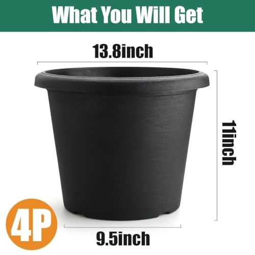 4 Pack 14 Inch Plastic Planter Pots with Drainage Holes Raised Base - size: Medium - 14 inch