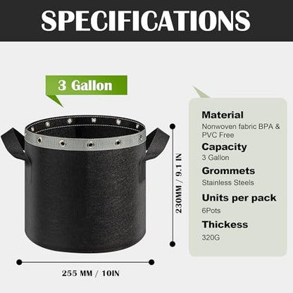 3 Gallon Grow Bags 6 Pack,Premium 3 Gallon Fabric pots for Healthy Plant Growth - Durable and Reusable Garden Bags to Grow Vegetables,Fruits,and Flowers - size: 3 Gal*6