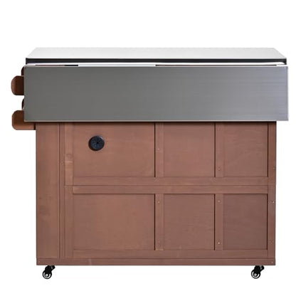GDFStudio Winford Patio Kitchen Island Cart with Extendable Top, Wooden Outdoor Storage Cabinet with Stainless Steel BBQ Prep Table Top, Drawers, Spice Rack and Lockable Wheels, Potting Bench, Brown - color: Brown