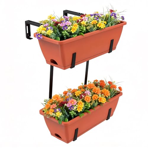 16.9 Inches Deck Railings Planter Box, 2Pcs Hanging Flower Pots, Red - color: Red