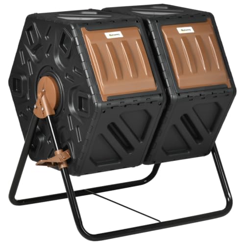 Outdoor Dual Chamber Compost Tumbler Bin with Steel Frame and 4 Ventilation Openings for Garden, Park, Kitchen, Composter with 2 Sliding Doors for Lawn, Backyard