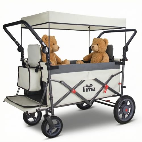 TMZ Collapsible Wagon with 2 Foldable Seats, Folding Wagon with Canopy, Multi Functional Cart with Adjustable Handle Bar, Front Expandable for Transport Camping (Grey/Beige) - color: Grey/Beige