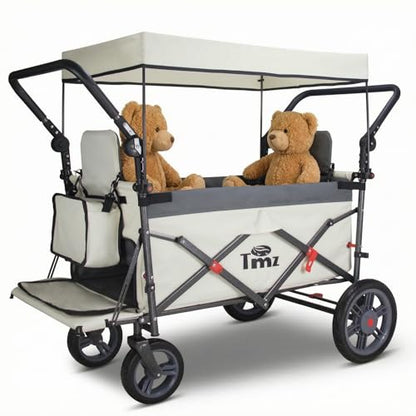TMZ Collapsible Wagon with 2 Foldable Seats, Folding Wagon with Canopy, Multi Functional Cart with Adjustable Handle Bar, Front Expandable for Transport Camping (Grey/Beige) - color: Grey/Beige