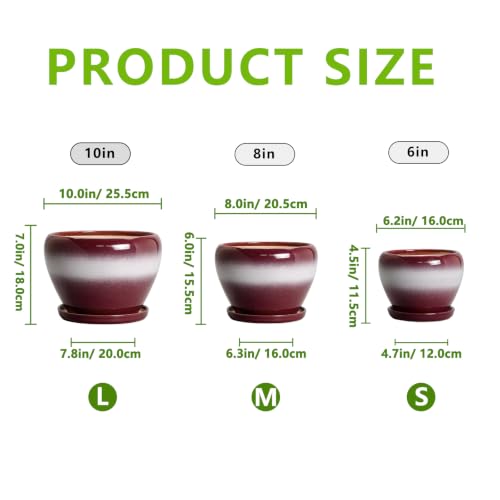 Ceramic Plant Pots, 10+8+6 Inch Ceramic Pots for Plants, Red-White - color: Red-white