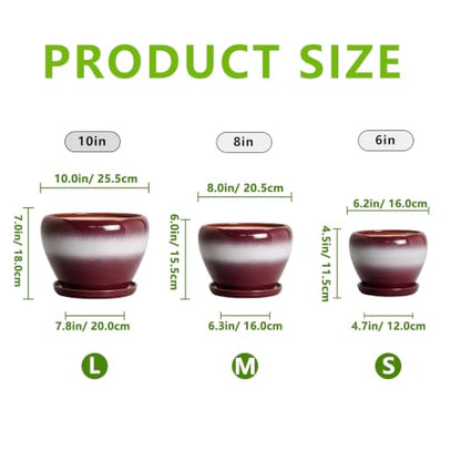 Ceramic Plant Pots, 10+8+6 Inch Ceramic Pots for Plants, Red-White - color: Red-white