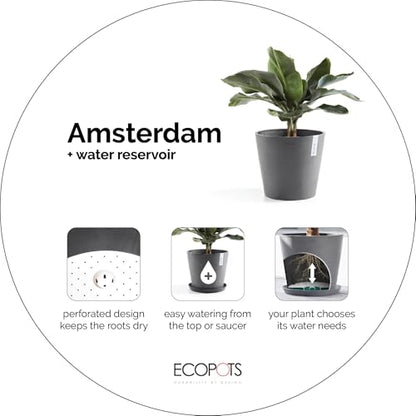 Ecopots Amsterdam Round Flower Planter with Water Reservoir, Grey, 8" - color: Gray, size: 8 inches